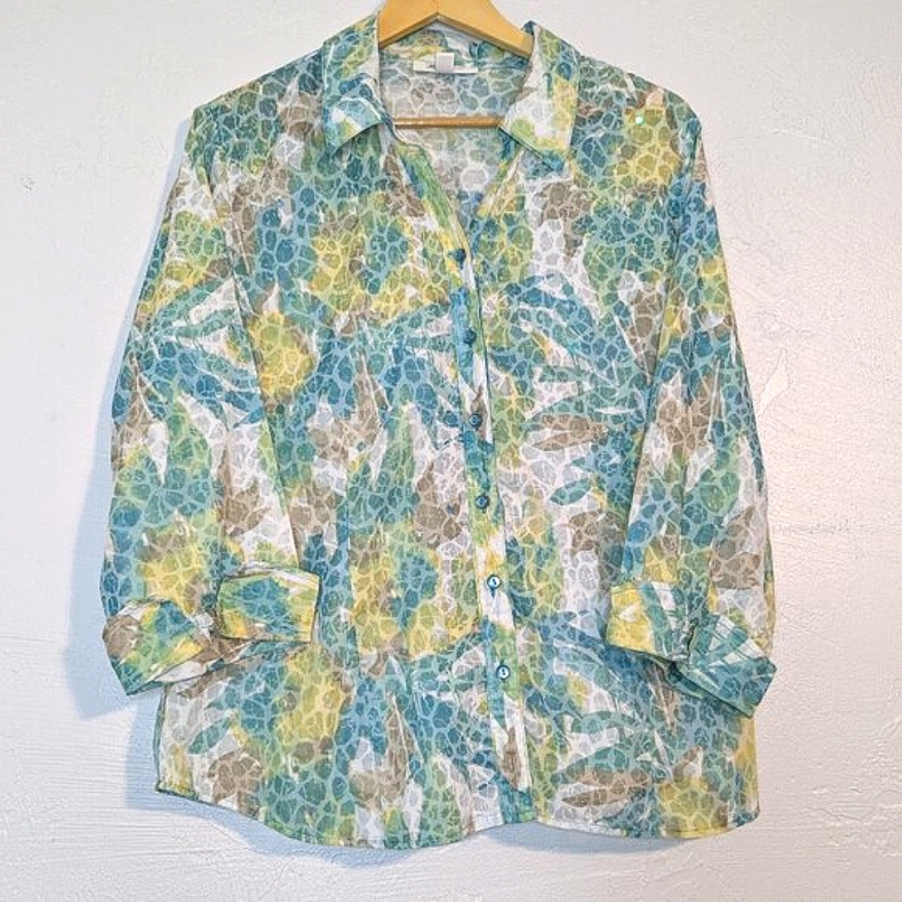 Women's Lightweight Sheer Button Down Vacation Blouse Beach Resort Mermaid Artsy